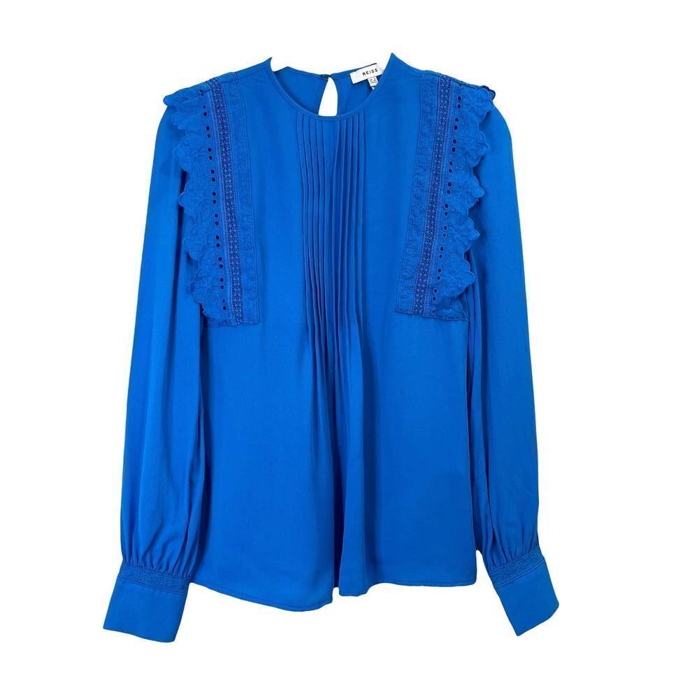 Reiss Bexley‎ Pleated Embroidered ruffle Crepe Blouse top Size 0 blue cerulian - Picture 5 of 12